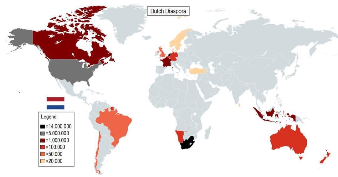 Osadnicy i emigrańci z Holandii. Mapa pokazuje holenderską diaspore po świecie - nie tylko RPA (choć tam najwięcej) ale i dwie Ameryki i Oceania