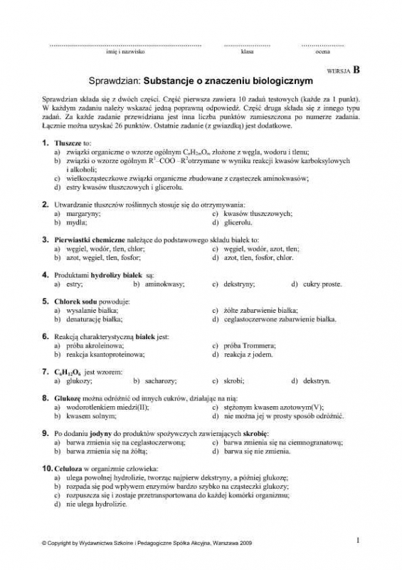 Substancje O Znaczeniu Biologicznym Sprawdzian Odpowiedzi Substancje o znaczeniu biologicznym – zadania, ściągi i testy – Zapytaj