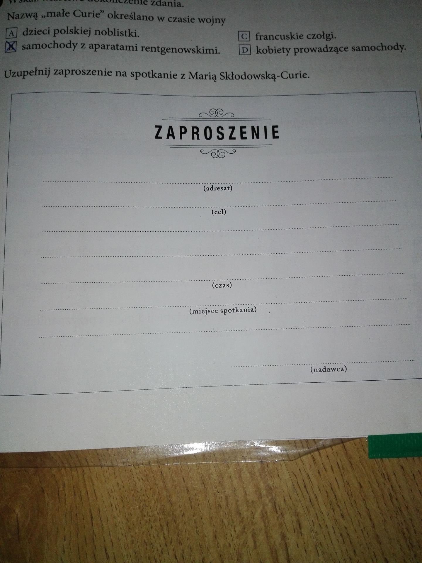 Uzupełnij Zaproszenie Informacjami Z Ramki Uzupełnij zaproszenie na spotkanie z Marią Skłodowską -Curie - Zapytaj