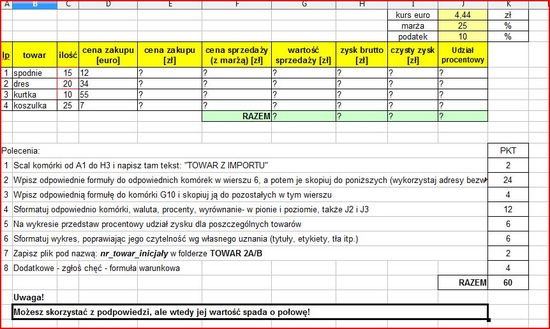 Sprawdzian Z Informatyki Excel Gimnazjum zapytaj.onet.pl